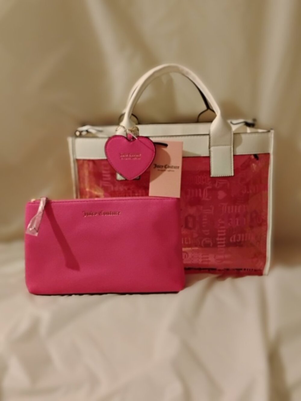 Juicy Couture Large Beachin Tote - Pink/Yellow/White/Clear w/Solid Pouch Set - Picture 5 of 15